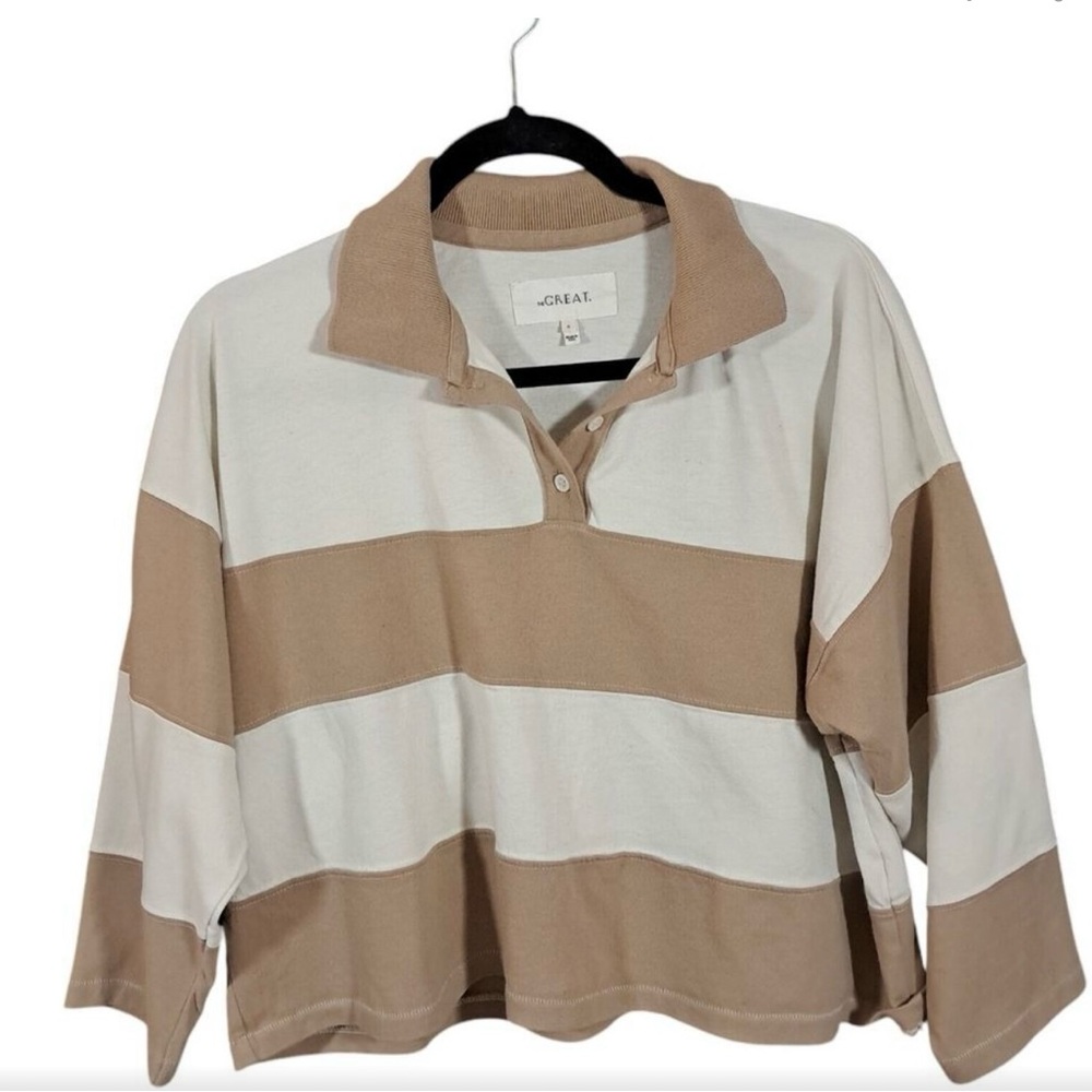 THE GREAT. Striped Beige and White Collared Polo Shirt